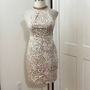 Calvin Klein Cream and Tan Animal Print Halter Mini Dress